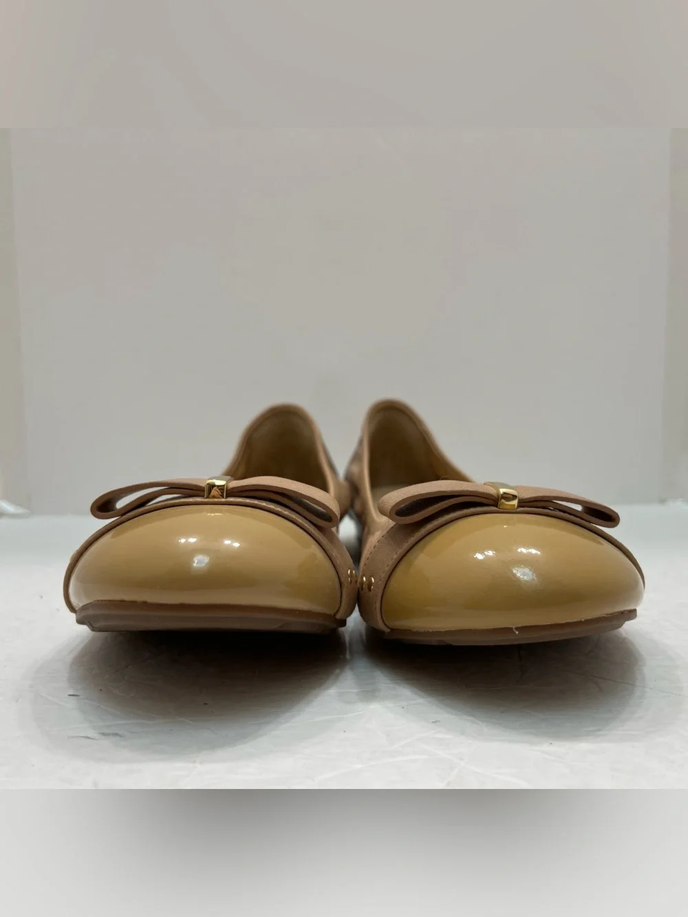 Cole Haan Nike Air Monica Ballet Flats Tan Leather Cap Toe Bow D41662 Women 8.5B